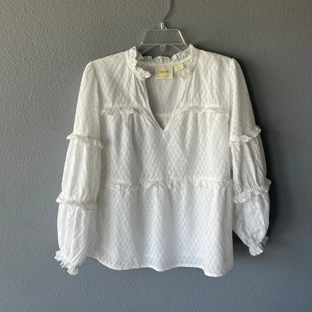 Anthropologie White Ruffled V-Neck Peasant Blouse